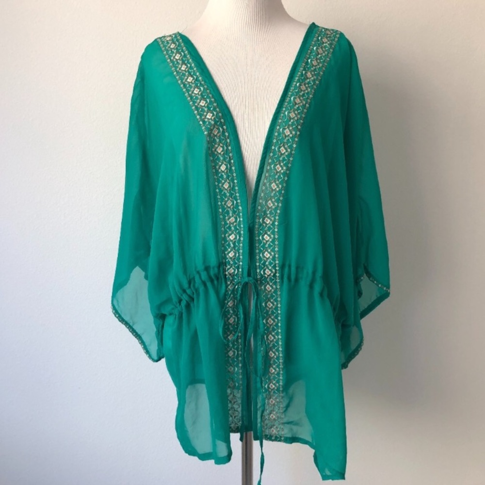 Torrid Green Sheer Embroidered Kimono Coverup
